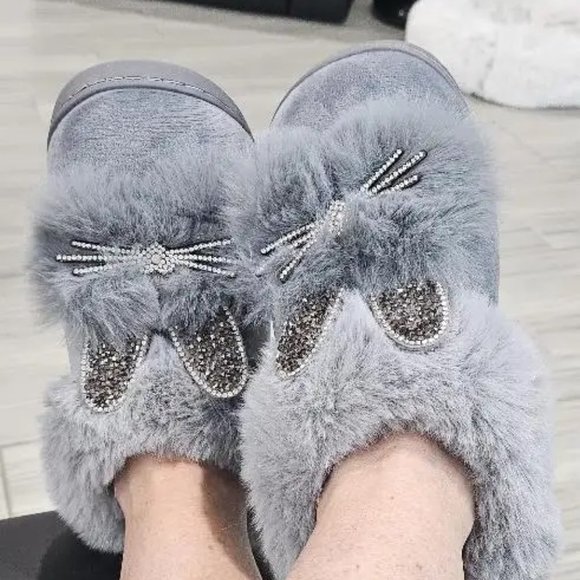 New Cozy & Cute Cartoon Rhinestone Cat Winter Slippers 8 8 1/2 - Picture 3 of 3